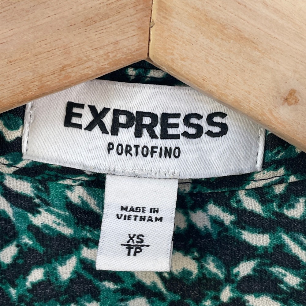 Express Portofino Shirt Womens XS Green Black Abstract Pebble‎ Print Button Up - Picture 3 of 7